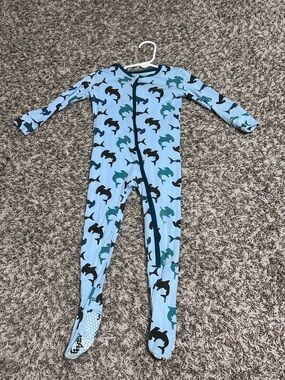 Kickee Pants Light Blue Shark Print Zip Footed One-Piece